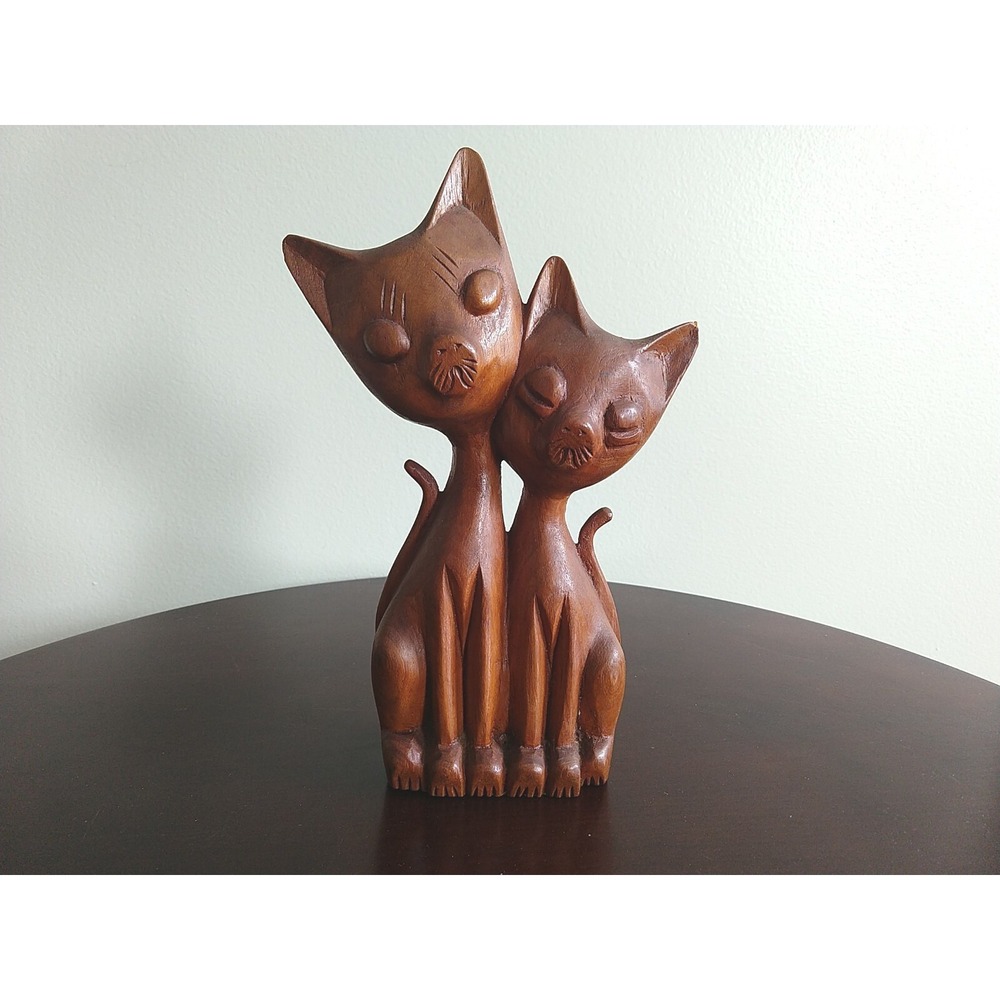 Vintage Wood Cats Sculpture Siamese Cat Twins Handmade Mid Century Modern 9 Inch